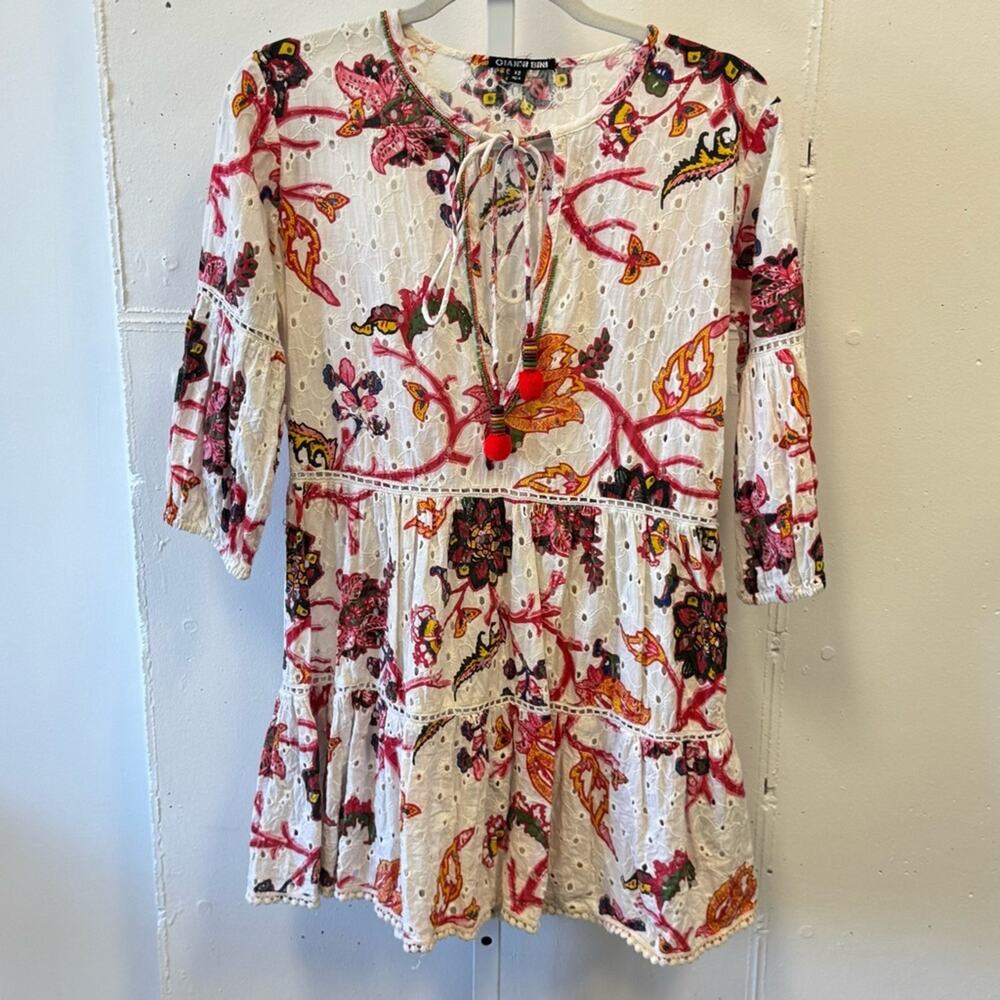 Gianni Bini 3/4 Sleeve Mini‎ Dress Babydoll Tassels Cotton Boho Floral Eyelet XS - Picture 2 of 16